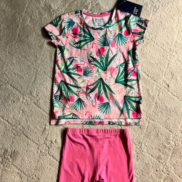 NWT!  CROWN & IVY - 2 Piece Short Set - Pink Flamingo Print - Girl's Size 5 -NEW - Picture 1 of 8